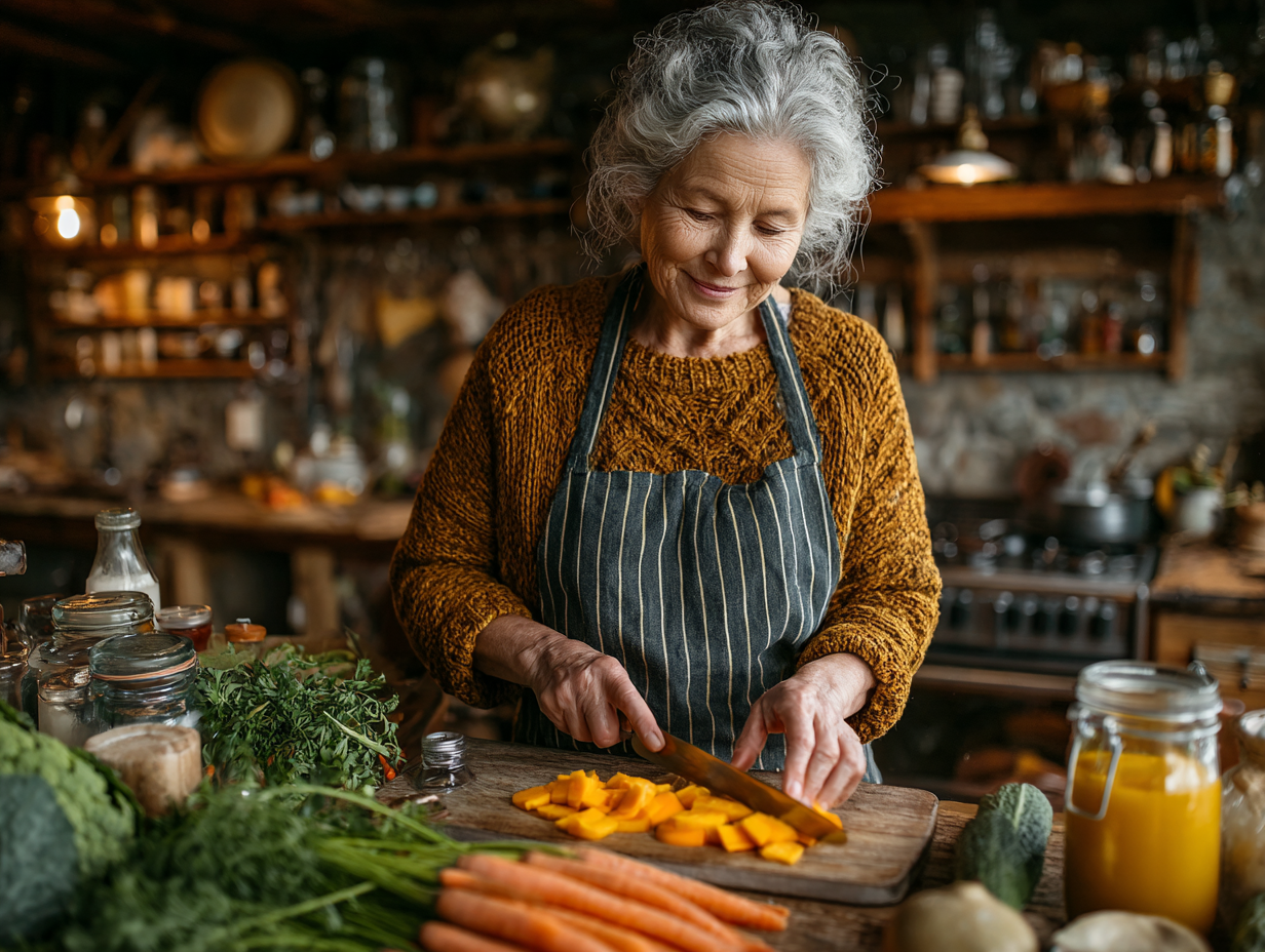 Літня жінка готує здорову їжу на кухні